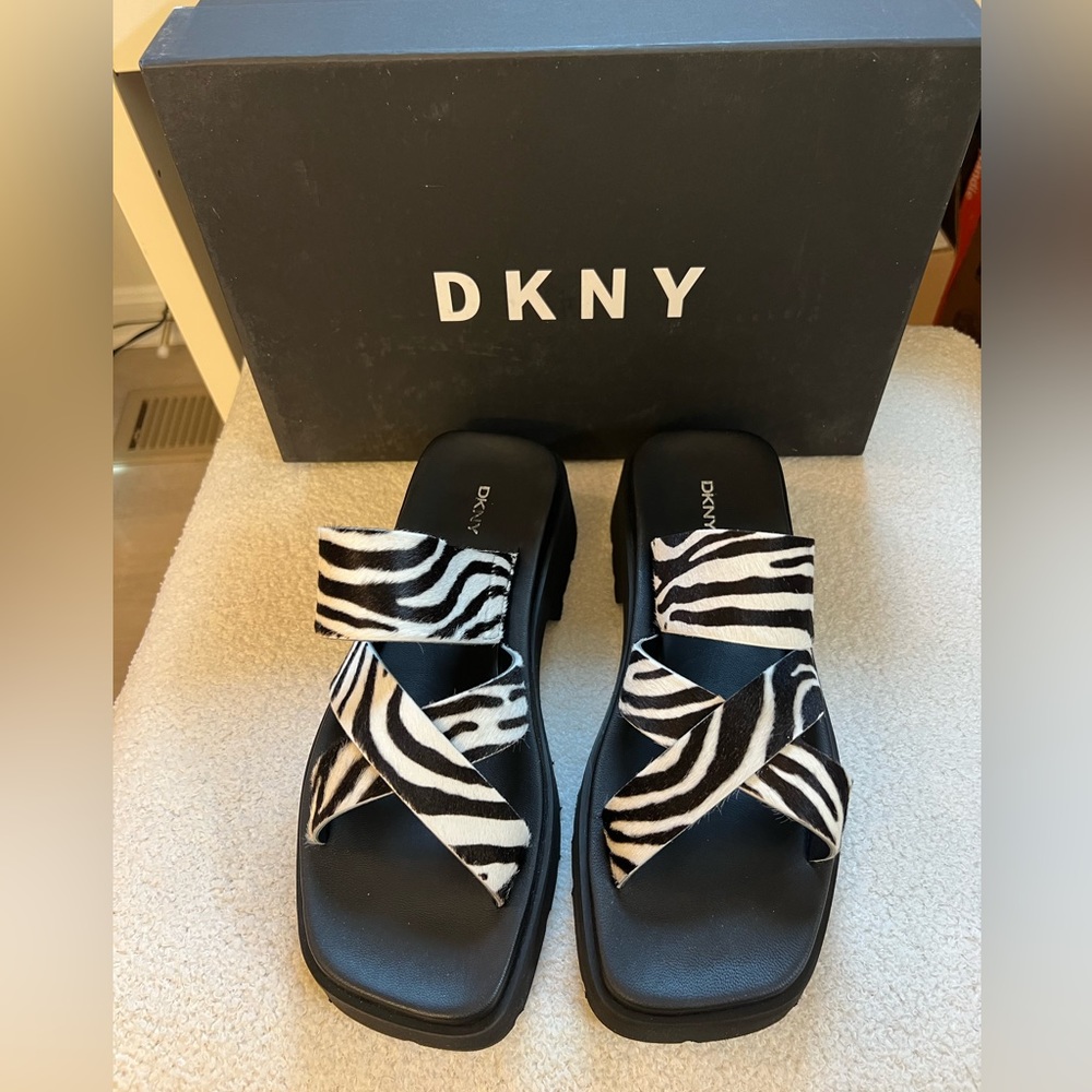 DKNY Zebra Pony Fur Sandals with Lug Sole
